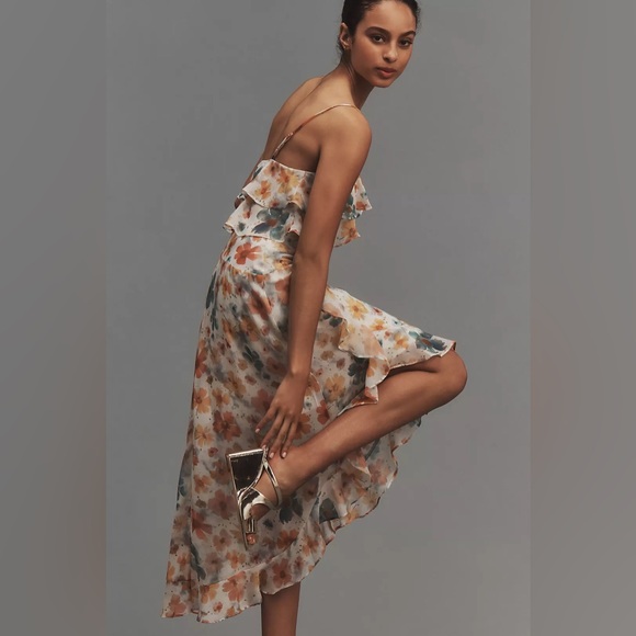 By Anthropologie Dress NWT Floral Sleeveless Asymmetric Ruffled Midi Dress Small - Picture 3 of 16